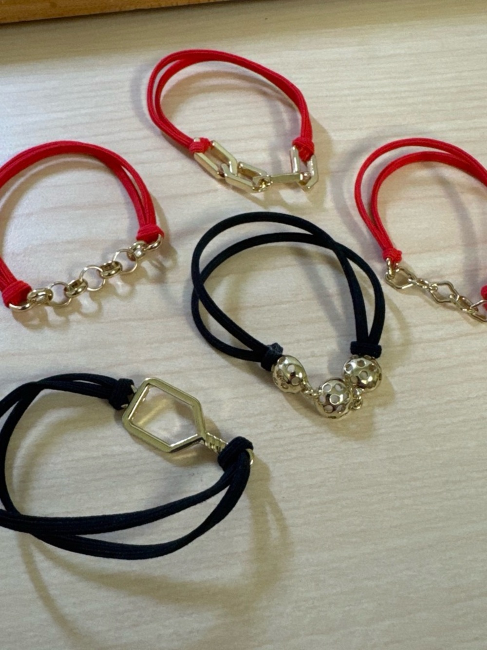 Red and Black Elastic Hair Tie Set with Gold Accents